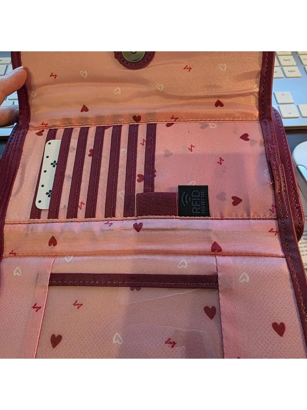 NWT- LUG- SATIN LUXE KICKFLIP SE CROSSBODY WALLET ( Hearts interior)- Raspberry